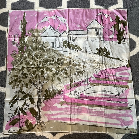 VERA NEUMANN vintage Pink and Green Scenic Print Scarf-/- rare landscape! - Picture 6 of 10